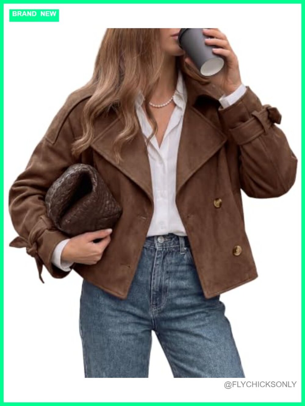 Faux Suede Double Breasted Cropped Trench Coat Tie Cuff Jacket